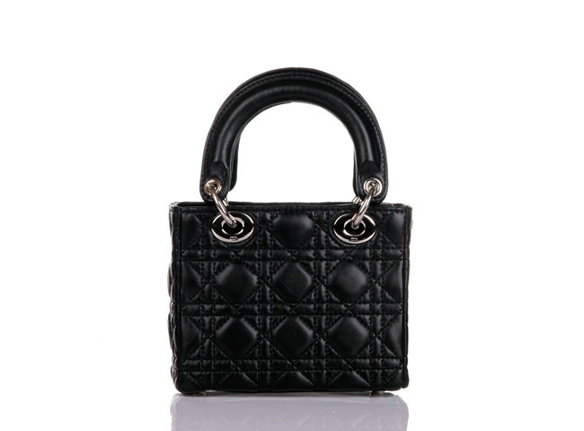 mini lady dior lambskin leather bag 6321 black with silver hardware - Click Image to Close